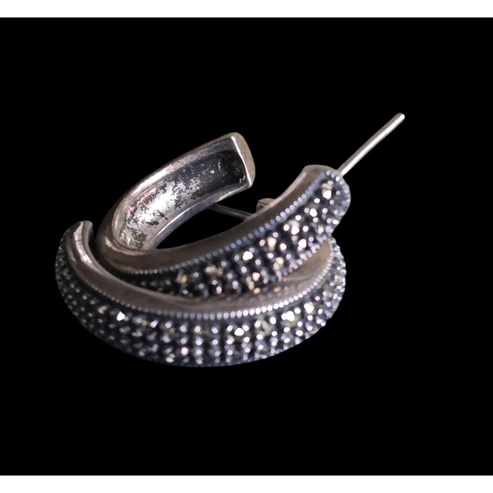 Vintage Sterling Signed JJ Judith Jack Modernist Marcasite Stone Hoop Earrings